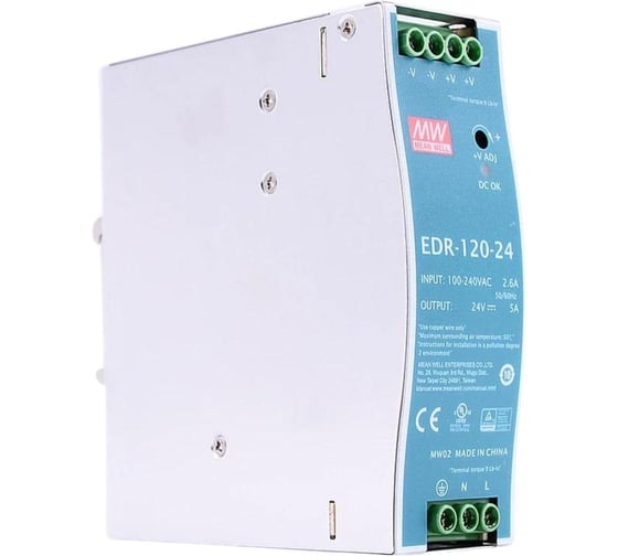 Блок питания на DIN-рейку MEAN WELL EDR-120-24 120Вт 24В 5А модульный, с регулировкой напряжения, для промышленного оборудования и автоматизации производства 1369755