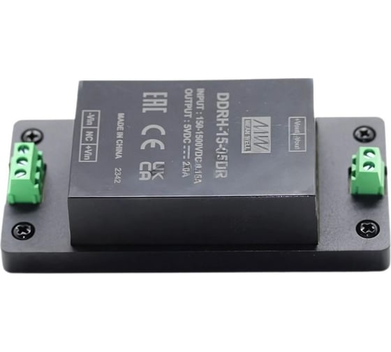 Блок питания DC/DC MEAN WELL DDRH-15-05DR на DIN-рейку мощностью 10 Вт 5 В, высоковольный, ультраширокий диапазон входного напряжения 6204124