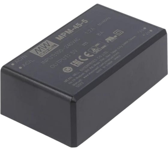 Блок питания в корпусе Mean Well MPM-45-5 на печатную плату, изолированный, ЭМС по классу B, для медицинских устройств EN60601-1 (2xMOPP), AC/DC 45 Вт 5 В, 3637763
