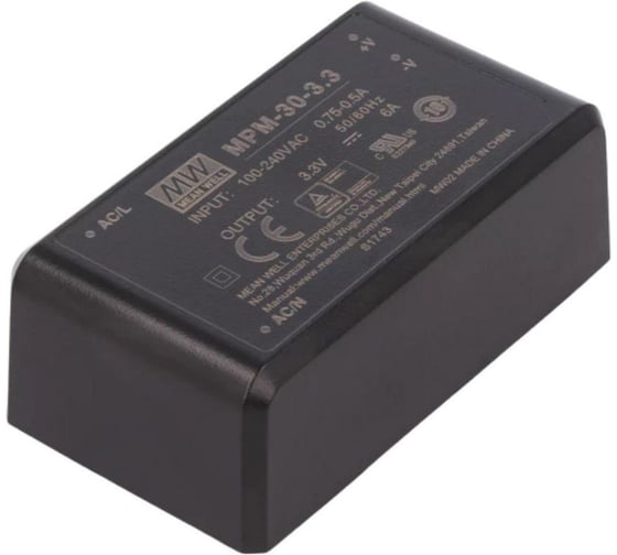 Блок питания в корпусе Mean Well MPM-30-3.3 на печатную плату, изолированный, ЭМС по классу B, для медицинских устройств EN60601-1 (2xMOPP), AC/DC 19.8 Вт 3.3 В, 3418229