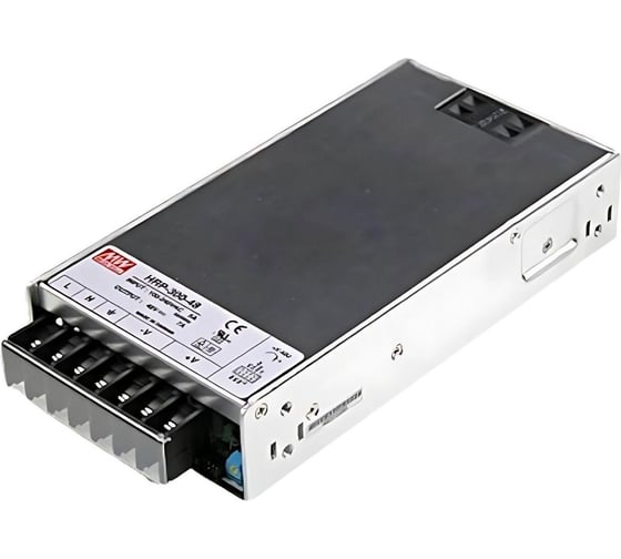 Блок питания MEAN WELL HRP-300-48 в кожухе на шасси 300 Вт, 48 В, 6.25 А, активный PFC, универсальный вход, индикатор DC OK, устойчив к скачкам сети, гарантия Гарантия производителя 5 лет, для 854296
