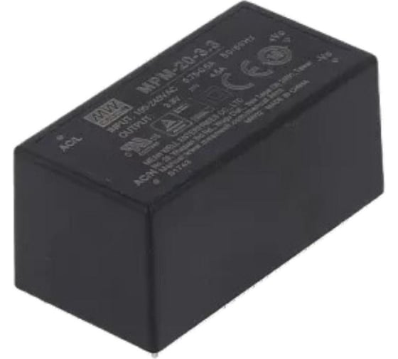 Блок питания в корпусе Mean Well MPM-20-3.3 на печатную плату, изолированный, ЭМС по классу B, для медицинских устройств EN60601-1 (2xMOPP), AC/DC 14.9 Вт 3.3 В, 3418225