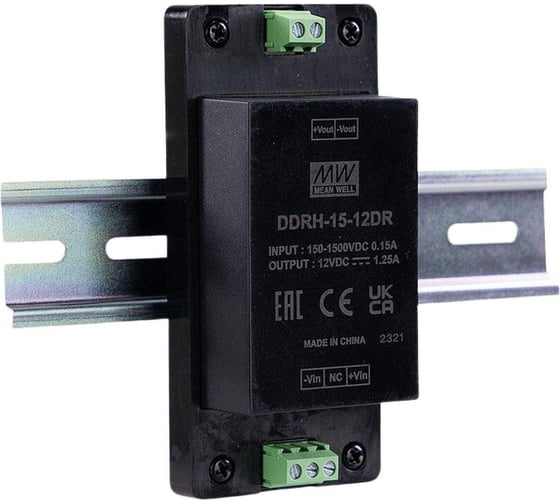 Блок питания DC/DC MEAN WELL DDRH-15-12DR на DIN-рейку мощностью, 15 Вт 12 В, высоковольный, ультраширокий диапазон входного напряжения 6204121