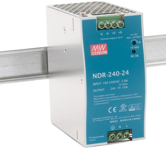 Блок питания на DIN-рейку MEAN WELL NDR-240-24 240 Вт 24 В 10 А модульный для промышленного оборудования и автоматизации производства, с регулировкой напряжения, встрое 1927827