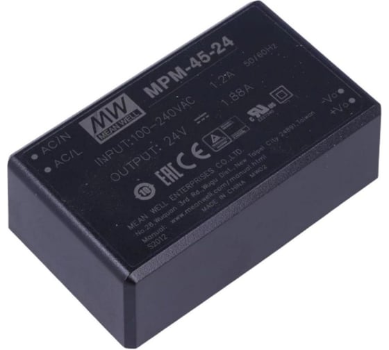Блок питания в корпусе на печатную плату изолированный MEAN WELL MPM-45-24 ЭМС по классу B, для медицинских устройств EN60601-1 (2xMOPP), AC/DC 45 Вт 24 В 3637766