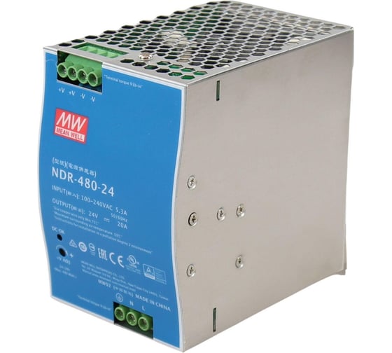 Блок питания на DIN-рейку MEAN WELL NDR-480-24 480 Вт 24 В 20 А модульный для промышленного оборудования и автоматизации производства, с регулировкой напряжения, встрое 1927828