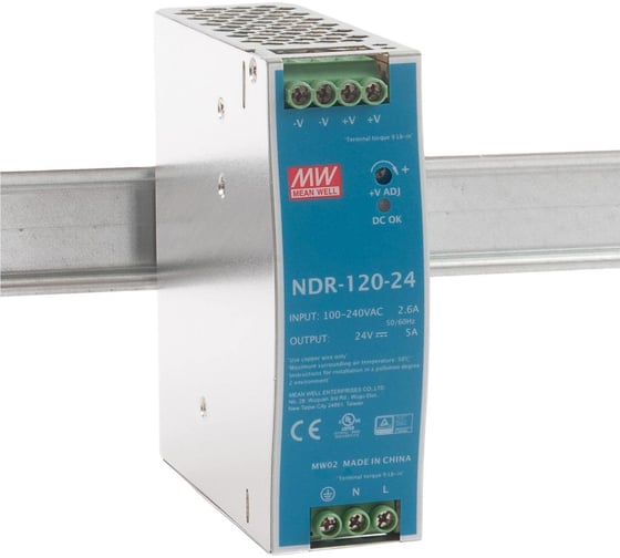 Блок питания на DIN-рейку MEAN WELL NDR-120-24 120 Вт 24 В 5 А модульный для промышленного оборудования и автоматизации производства, с регулировкой напряжения, встроен 1369758