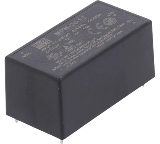 Блок питания в корпусе на печатную плату изолированный MEAN WELL MPM-20-12 ЭМС по классу B, для медицинских устройств EN60601-1 (2xMOPP), AC/DC 21.6 Вт 12 В 3176820