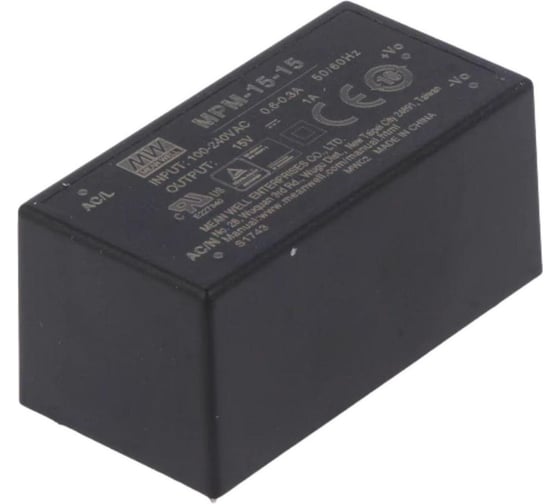 Блок питания в корпусе Mean Well MPM-15-15 на печатную плату, изолированный, ЭМС по классу B, для медицинских устройств EN60601-1 (2xMOPP), AC/DC 15 Вт 15 В, 3418223
