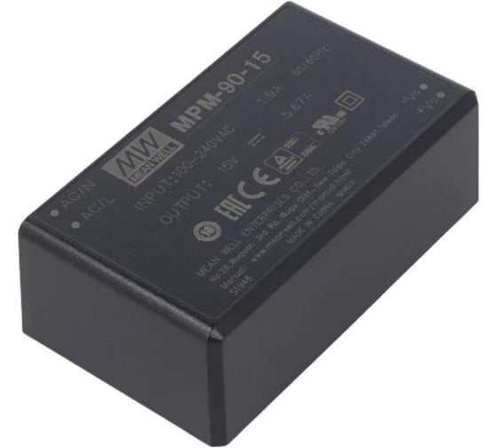 Блок питания в корпусе Mean Well MPM-90-15 на печатную плату, изолированный, ЭМС по классу B, для медицинских устройств EN60601-1 (2xMOPP), AC/DC 90 Вт 15 В, 3637798