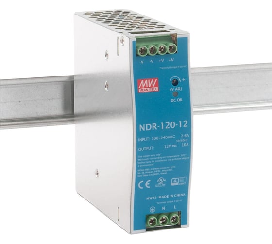 Блок питания на DIN-рейку MEAN WELL NDR-120-12 120Вт 12В 10А модульный с регулировкой напряжения, встроенным ККМ и защитами, для промышленного оборудования и автоматиза 1369757