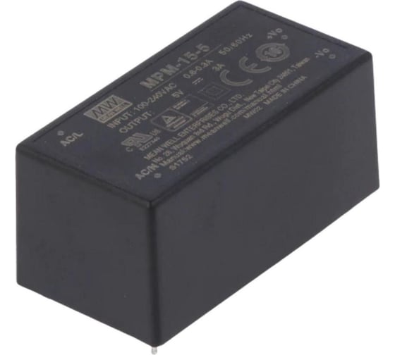 Блок питания в корпусе Mean Well MPM-15-5 на печатную плату, изолированный, ЭМС по классу B, для медицинских устройств EN60601-1 (2xMOPP), AC/DC 15 Вт 5 В, 2737743