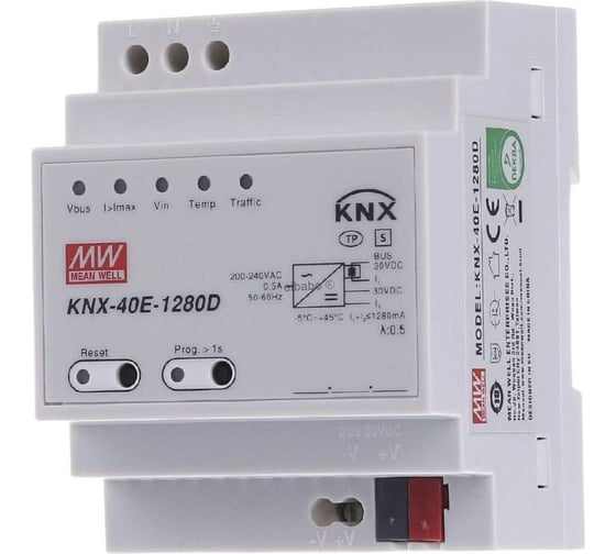 Блок питания на DIN-рейку MEAN WELL KNX-40E-1280D для шины KNX с функцией диагностики, интегрированный дроссель, для умного дома, AC/DC 38.4 Вт 30 В 3925166
