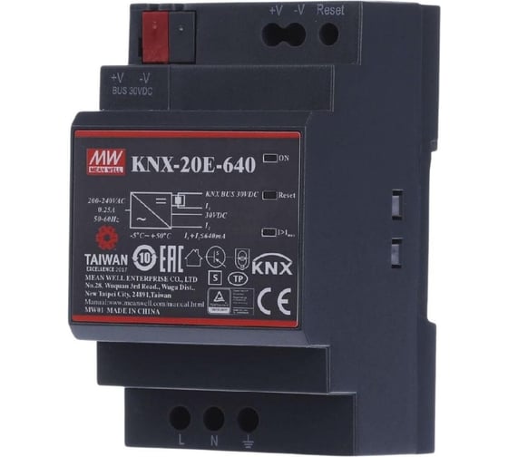 Блок питания на DIN-рейку MEAN WELL KNX-20E-640 для шины KNX, интегрированный дроссель, для умного дома, AC/DC 19.2 Вт 30 В 2182768