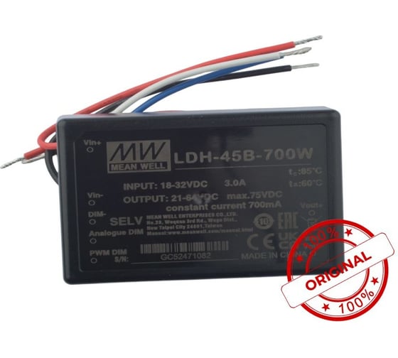 Повышающий DC/DC светодиодный драйвер MEAN WELL LDH-45B-700W с проводами 45 Вт 21-64 В 0.7 А 1287725