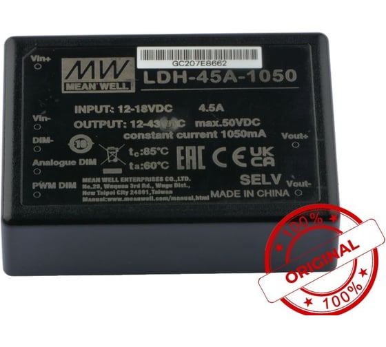 Повышающий DC/DC светодиодный драйвер MEAN WELL LDH-45A-1050 на печатную плату 45 Вт 12-43 В 1.05 А 1287727