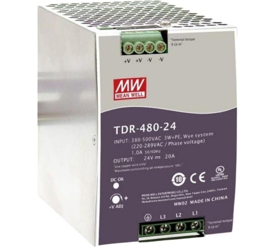 Блок питания на DIN-рейку MEAN WELL TDR-480-24 480Вт 24В 20А 3-фазный, с возможностью 2-фазного подключения, со стабилизацией напряжения, активной функцией ККМ 2272969