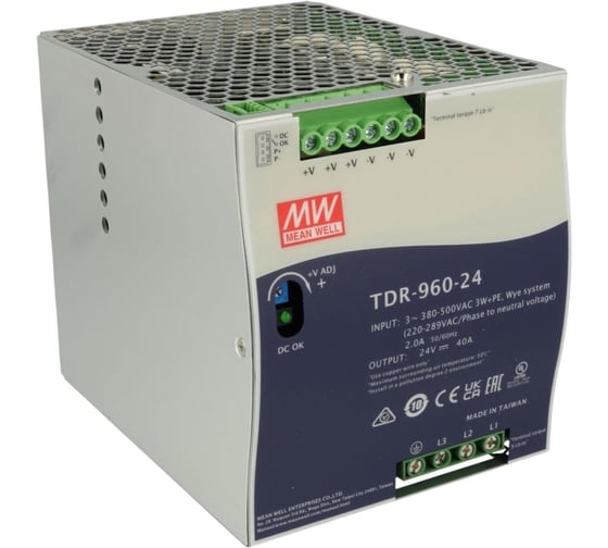 Блок питания на DIN-рейку MEAN WELL TDR-960-24 960 Вт 24 В 40 А 3-фазный, с возможностью 2-фазного подключения, со стабилизацией напряжения, активной функцией ККМ 1083447