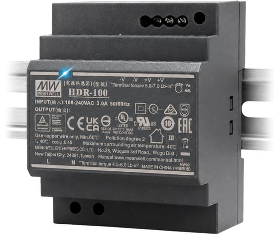 Блок питания на DIN-рейку MEAN WELLHDR-100-12, AC/DC 85 Вт 12 В 7,1 А тонкий 70 мм (4 SU), со светодиодной индикацией сети и комплексом защит, не требующий заземления, 2575403