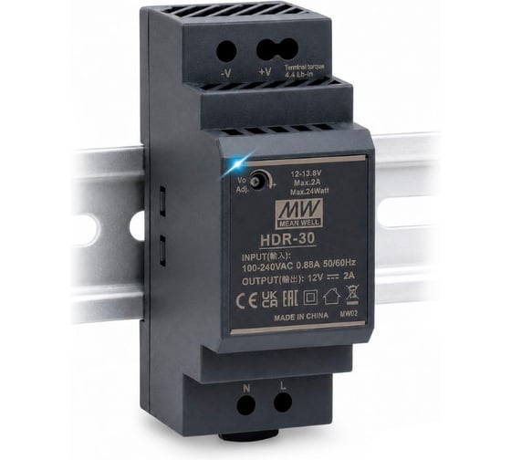 Блок питания на DIN-рейку Mean Well HDR-30-24, AC/DC 36 Вт 24 В 1,5 А ультратонкий 35 мм (2 SU), со светодиодной индикацией сети и комплексом защит, 2272888