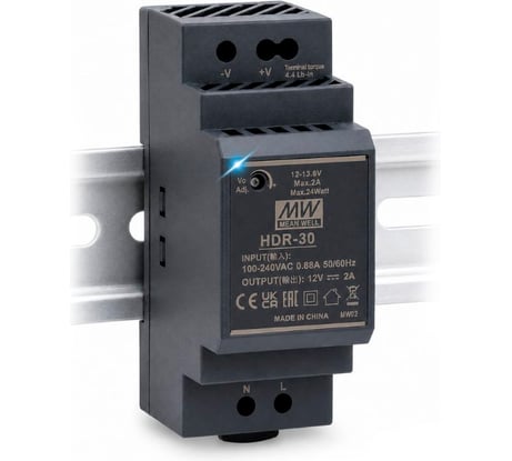 Блок питания на DIN-рейку Mean Well HDR-30-12, AC/DC 24 Вт 12 В 2 А ультратонкий 35 мм (2 SU), со светодиодной индикацией сети и комплексом защит, 2260533