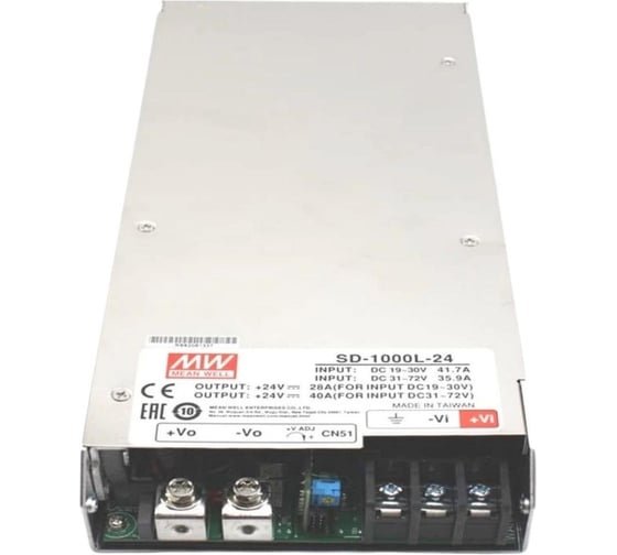 DC/DC преобразователь MEAN WELL SD-1000L-24 1000 Вт, 24 В, дистанционное включение/выключение, активное охлаждение, входной диапазон 19-72 В, полный комплекс защит, для 285895