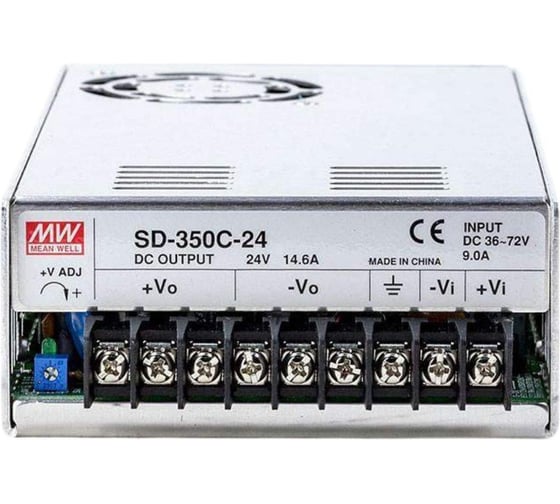 Блок питания DC/DC MEAN WELL SD-350C-24 в кожухе на шасси 350 Вт с выходом 24 В, широкий диапазон входного напряжения 19-72 В DC, с вентилятором, для оборудования с нест 63903