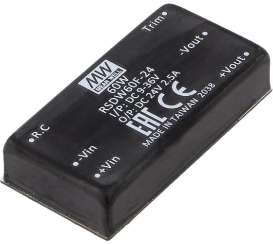 DC/DC-преобразователь на печатную плату MEAN WELL RSDW60F-24 в корпусе DIP-24, для ЖД приложений, изолированный с комплексом защит 60 Вт 24 В 3687157