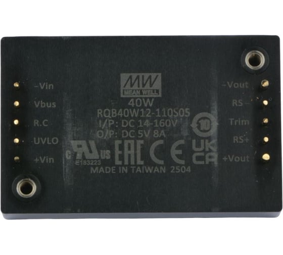 Изолированный DC/DC‑преобразователь MEAN WELL RQB40W12-110S05 с ультрашироким входом в корпусе 1/4 Brick, 14...160 В DC, 40 Вт, 5 В 5925096