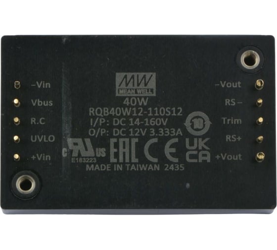 Изолированный DC/DC‑преобразователь MEAN WELL RQB40W12-110S12 с ультрашироким входом в корпусе 1/4 Brick, 14...160 В DC, 40 Вт, 12 В 5925097