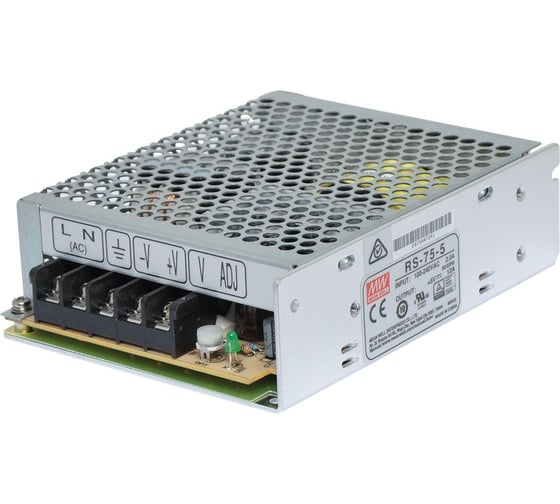 Блок питания MEAN WELL RS-75-5 60Вт 5В 12А, универсальный вход, пассивное охлаждение, комплекс защит, виброустойчивость, для питания контроллеров и датчиков 64381