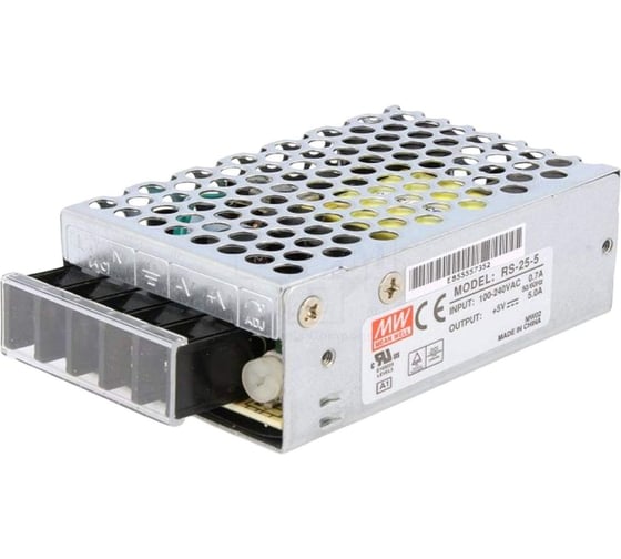Блок питания на шасси MEAN WELL RS-25-5 25Вт 5В 5А в кожухе, пассивное охлаждение, LED-индикатор питания, комплекс защит, высокая рабочая температура, низкое энергопотре 63296