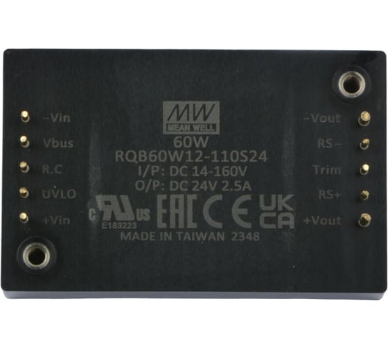 Изолированный DC/DC‑преобразователь MEAN WELL RQB60W12-110S24 с ультрашироким входом в корпусе 1/4 Brick, 14...160 В DC, 60 Вт, 24 В 5937413