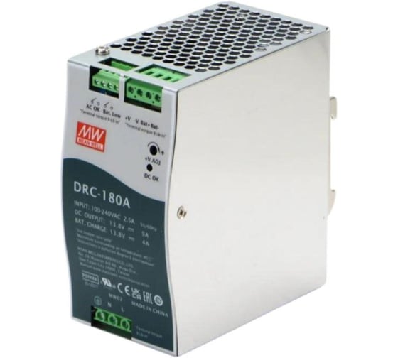 Блок питания с UPS на DIN-рейку MEAN WELL DRC-180A Блок питания с UPS на DIN-рейку 179,4Вт 13,8В 9А с индикатором DC OK и комплексом защит, пассивное охлаждение, контроллер заряда и разряда АКБ, сухой 5342580