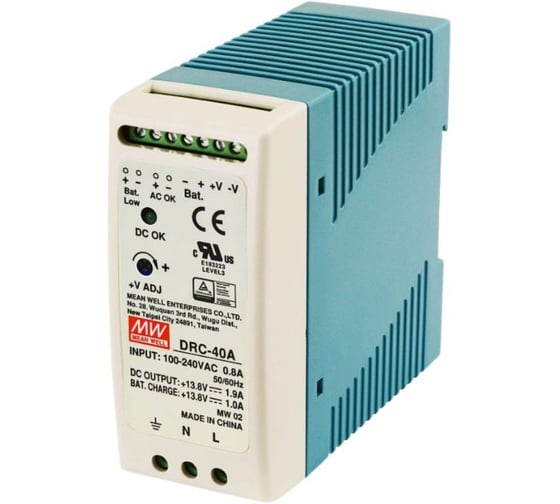 Блок питания с UPS на DIN-рейку MEAN WELL DRC-40A, 40Вт 13,8В 1,9А с индикатором DC OK и комплексом защит, пассивное охлаждение, контроллер заряда и разряда АКБ, сухой 1369846