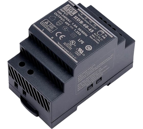 Блок питания на DIN-рейку MEAN WELLHDR-60-48, AC/DC 60 Вт 48 В 1,25 А тонкий 52,5 мм (3 SU), со светодиодной индикацией сети и комплексом защит, не требующий заземлени 2272910
