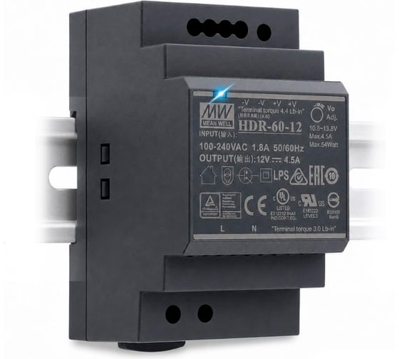 Блок питания на DIN-рейку Mean Well HDR-60-12, AC/DC 54 Вт 12 В 4,5 А тонкий 52,5 мм (3 SU), со светодиодной индикацией сети и комплексом защит, 2260532