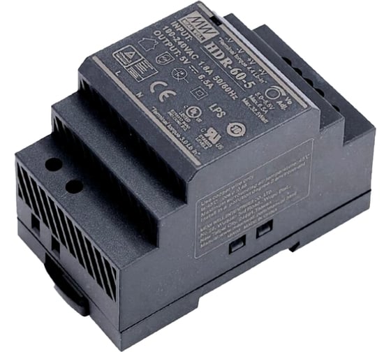 Блок питания на DIN-рейку MEAN WELLHDR-60-5 AC/DC 32,5 Вт 5 В 6,5 А тонкий 52,5 мм (3 SU) со светодиодной индикацией сети и комплексом защит, не требующий заземления, 2272902