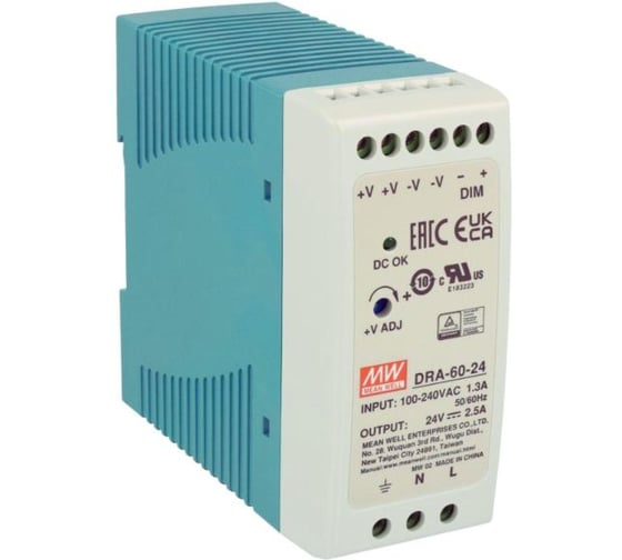 Блок питания на DIN-рейку Mean Well DRA-60-24, AC/DC 60 Вт 24 В, 1369808