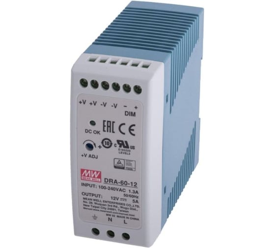 Блок питания на DIN-рейку Mean Well DRA-60-12, AC/DC 60 Вт 12 В, 1369807