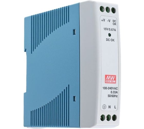 Блок питания на DIN-рейку Mean Well MDR-10-15 10 Вт 15 В 0.67 А, модульный, для промышленного оборудования и автоматизации производства, 293199