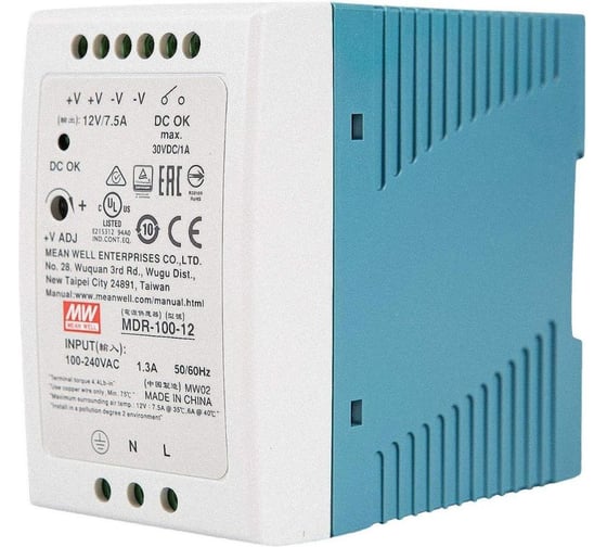 Блок питания на DIN-рейку Mean Well MDR-100-12 90Вт 12В 7,5А с регулировкой напряжения, модульный, для промышленного оборудования и автоматизации производства, 283466