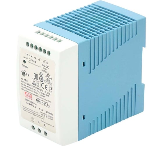Блок питания на DIN-рейку Mean Well MDR-100-24 96Вт 24В 4А с регулировкой напряжения, модульный, для промышленного оборудования и автоматизации производства, 283467