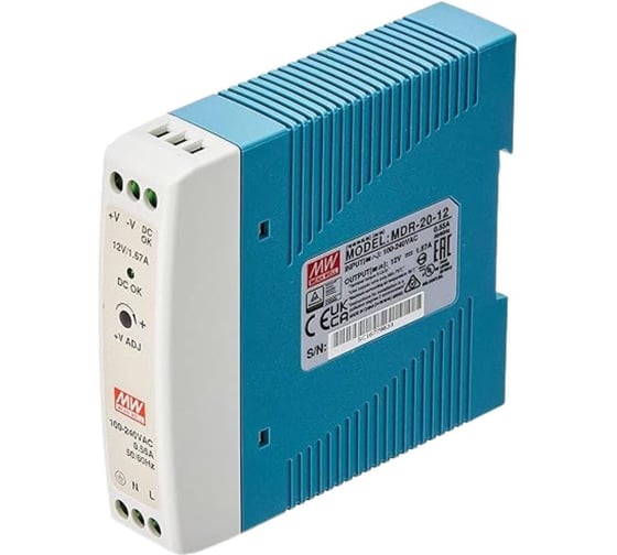 Блок питания на DIN-рейку Mean Well MDR-20-12 20Вт 12В 1,67А с регулировкой напряжения, модульный, для промышленного оборудования и автоматизации производства, 245861