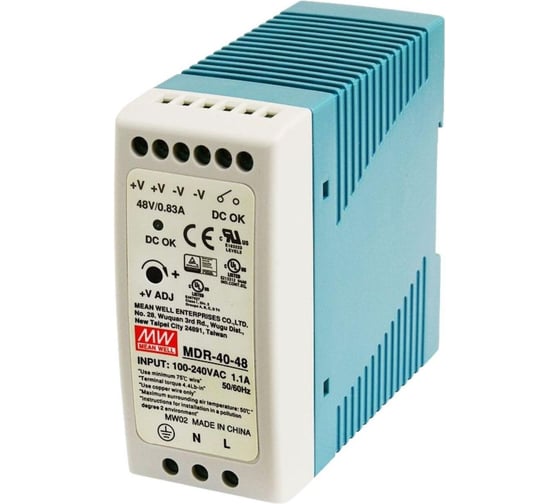 Блок питания на DIN-рейку Mean Well MDR-40-48 39,8Вт 48В 0,83А с регулировкой напряжения, модульный, для промышленного оборудования и автоматизации производства, 260008