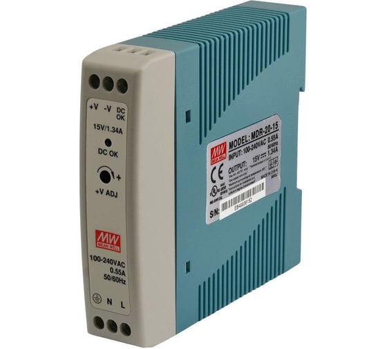 Блок питания на DIN-рейку Mean Well MDR-20-15 20Вт 15В 1,34А с регулировкой напряжения, модульный, для промышленного оборудования и автоматизации производства, 245887
