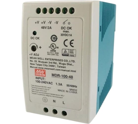 Блок питания на DIN-рейку MEAN WELL MDR-100-48 96Вт 48В 2А с регулировкой напряжения, модульный, для промышленного оборудования и автоматизации производства 289001