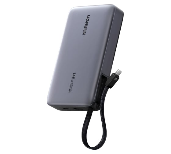 Внешний аккумулятор UGREEN PB551 145W Power Bank 20000mAh USB-C&USB-A со встроенным кабелем USB-C. Цвет: серый космос 55992B