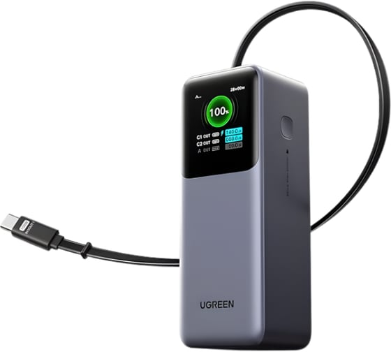 Внешний аккумулятор UGREEN с выдвижным кабелем PB726 165W Power Bank 20000mAh with Retractable Cable. Цвет: серый космос 55987B