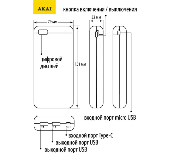 Внешний аккумулятор AKAI BE-20002, 20 000 mAh, черный BE-20002 черный